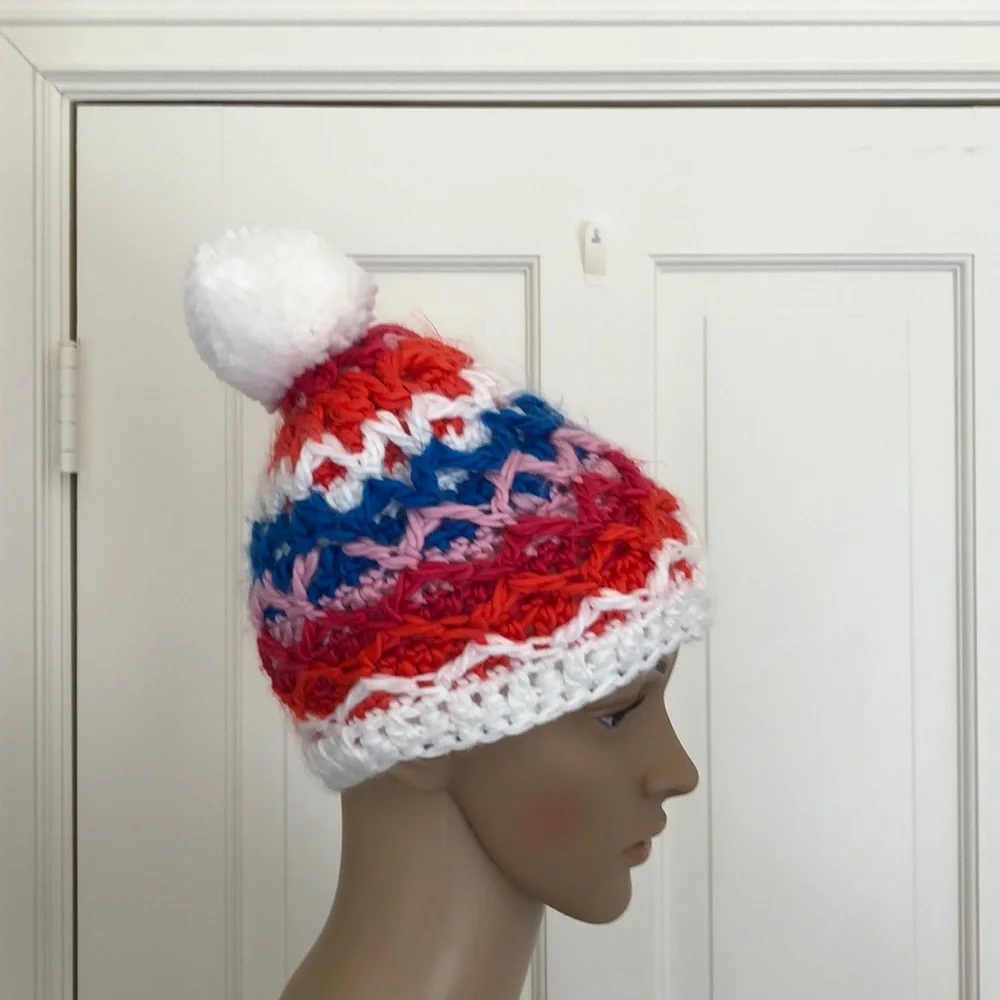 Obermeyer Teen  knit hat white blue red with pompom